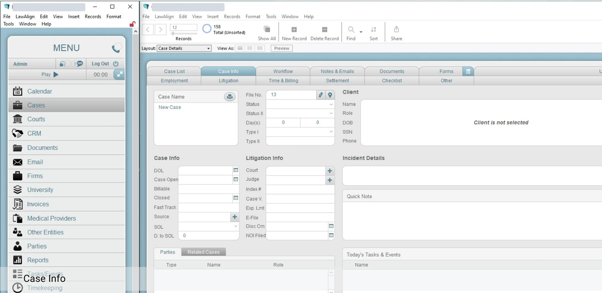 LawAlign main menu listing modules such as Calendar, Cases, Courts, Documents, Invoices, Medical Providers, Parties, Reports and Tasks/Events, beside an empty case record with section tabs and fields for case, litigation and incident details; database names in the window titles are redacted