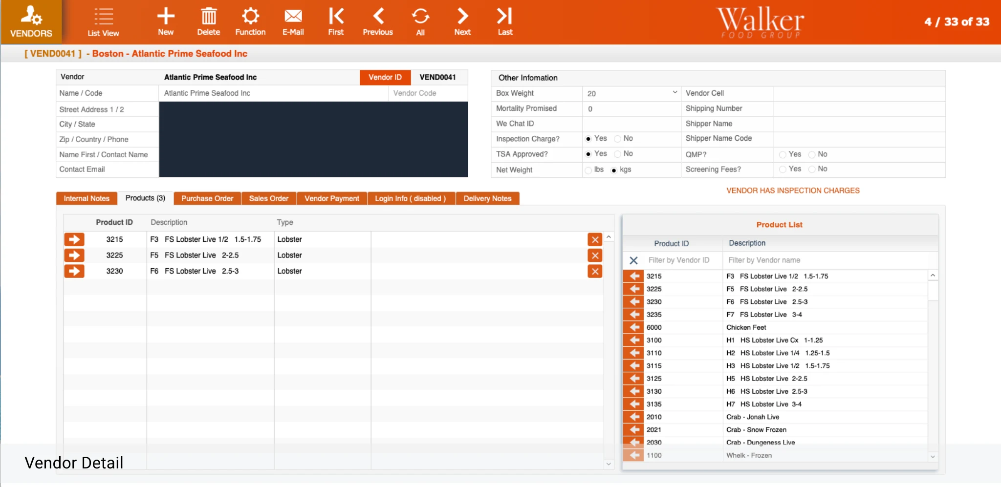 Vendor detail record with tabs for products, purchase orders, sales orders, vendor payments and delivery notes beside a searchable product list; contact details and address are redacted