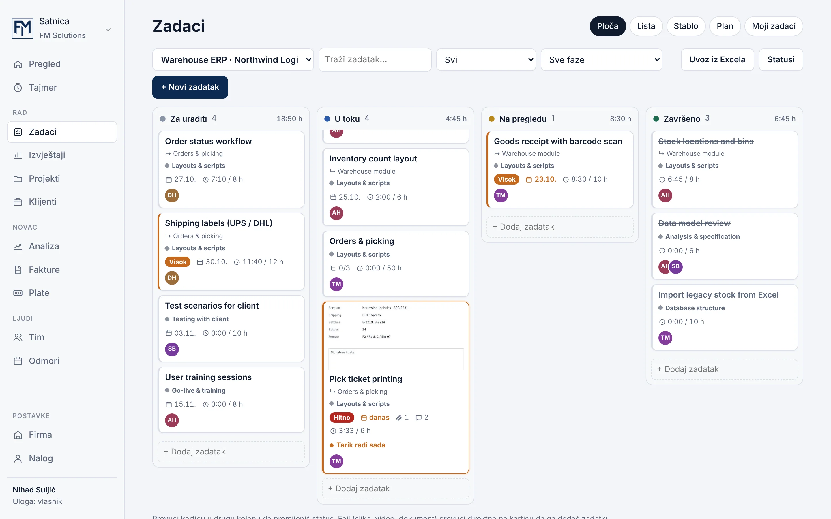Satnica task board with columns for To do, In progress, In review and Done, each holding task cards with priority, due date, hours and assigned people