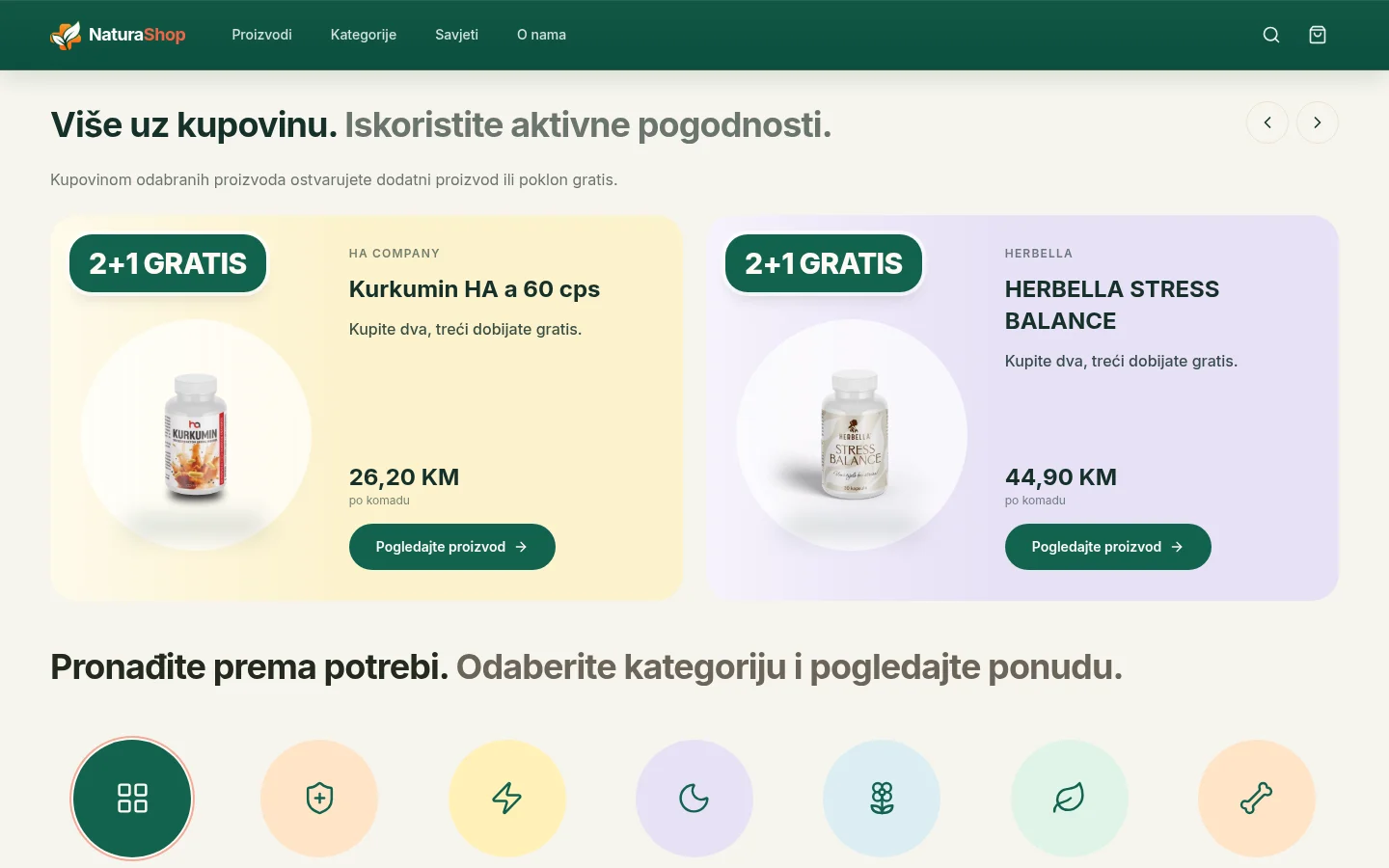 NaturaShop home page section titled with a call to use active benefits, showing two product cards with 2+1 GRATIS badges, product photos, prices and view-product buttons