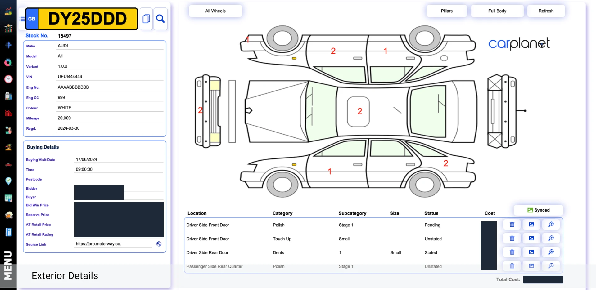 Exterior details screen with a top-down vehicle diagram and a table of condition items by location, category, subcategory, size, status and cost; buyer details and costs are redacted