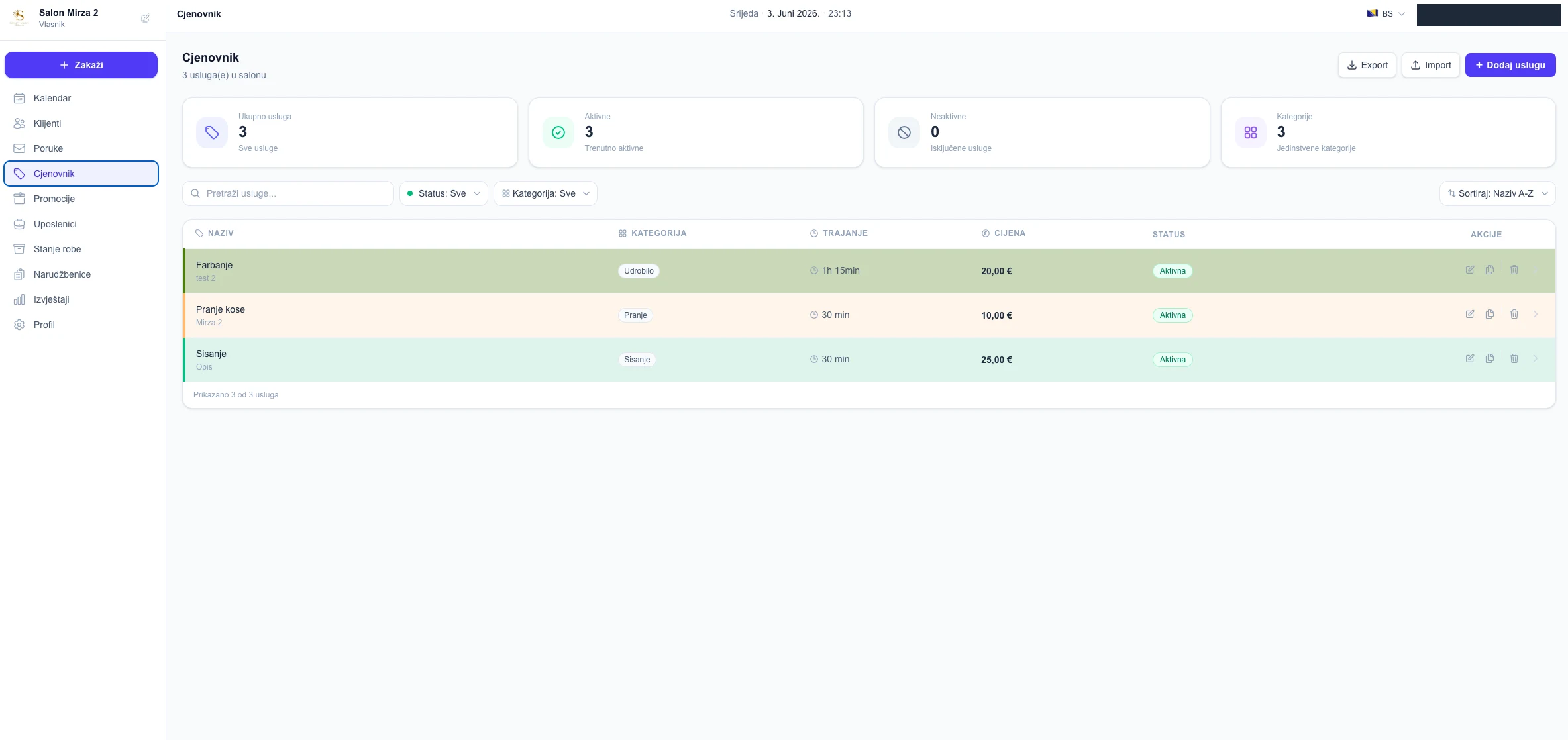 Price list of services with summary counts, search, status and category filters and a table with service name, category, duration, price and status, listing three services
