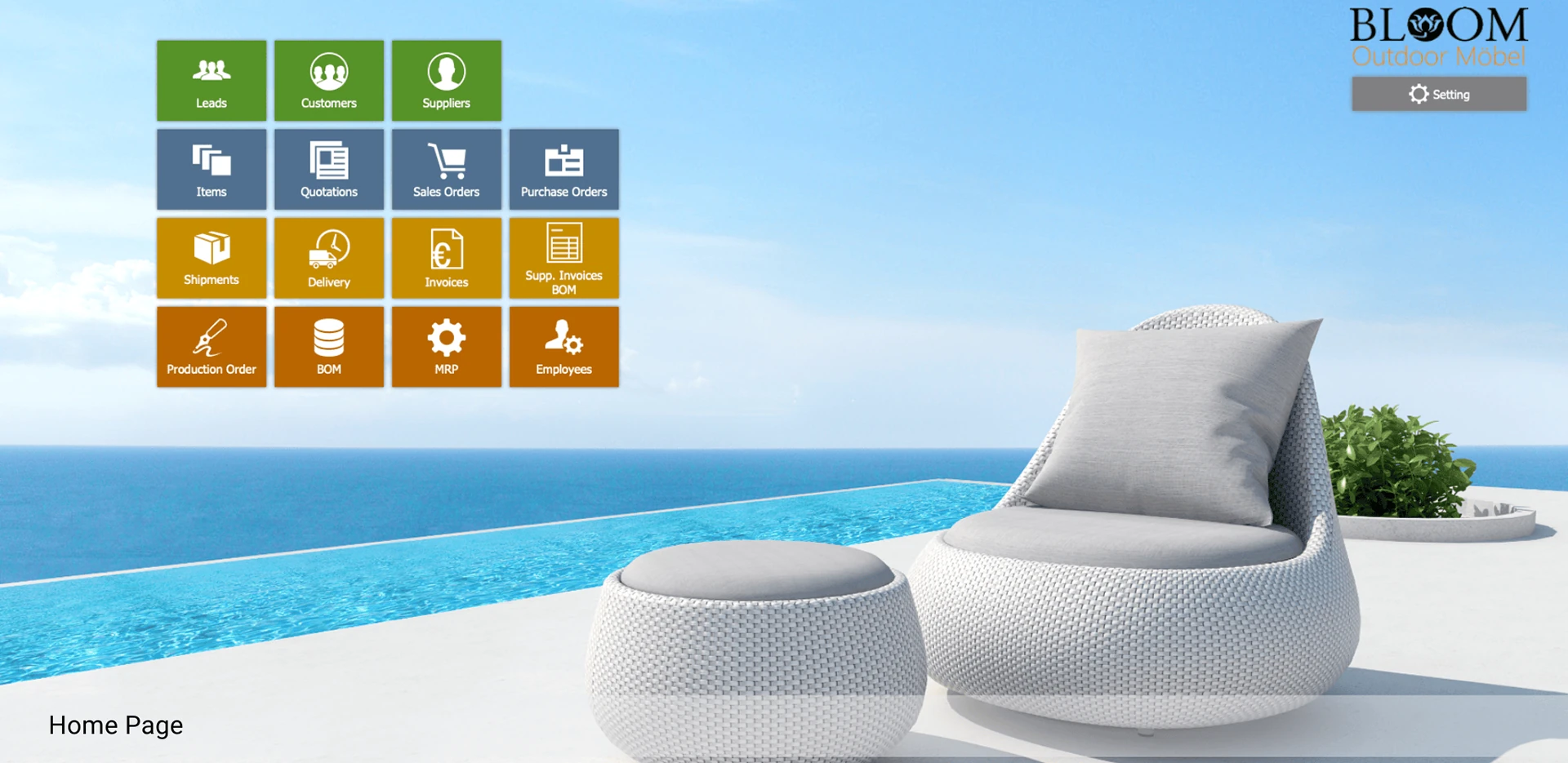 Home screen of the BLOOM Outdoor Möbel business system with tiles for leads, customers, sales orders, production orders and MRP