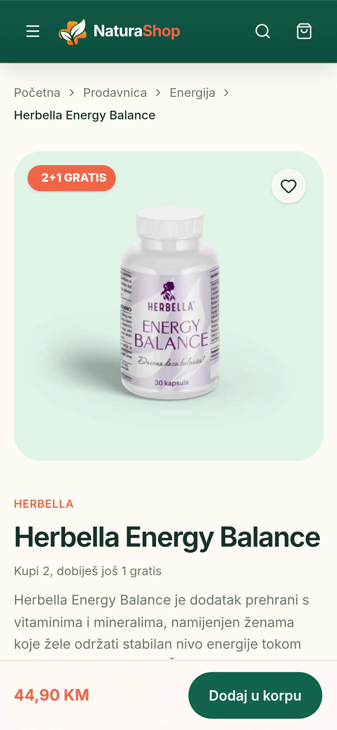 NaturaShop product page on a phone, with breadcrumbs, a large product photo with a 2+1 GRATIS badge, the brand and name, and a bar fixed to the bottom with the price and an add-to-cart button