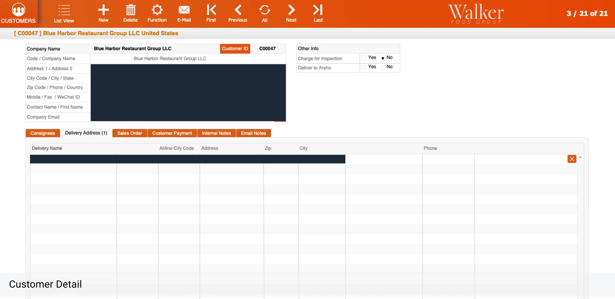 Customer detail record with company fields and tabs for consignees, delivery address, sales orders, customer payments and notes; contact details and addresses are redacted