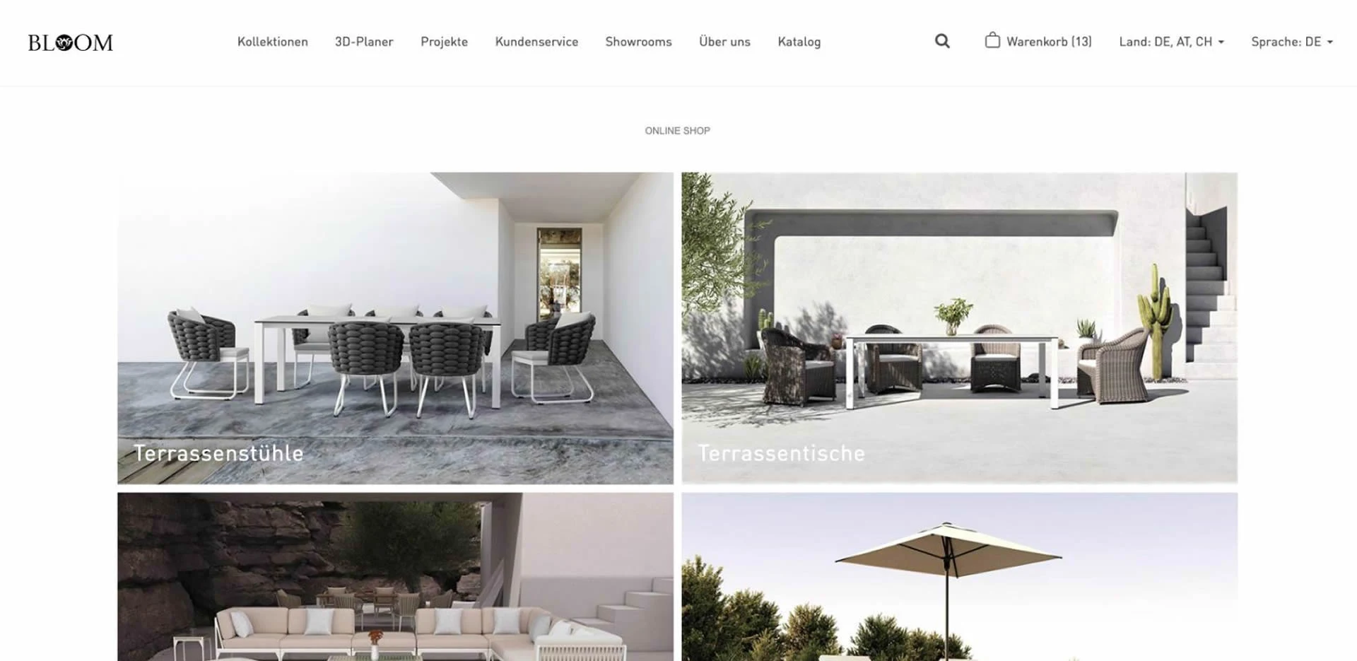 BLOOM online shop in German with category tiles for patio chairs and patio tables