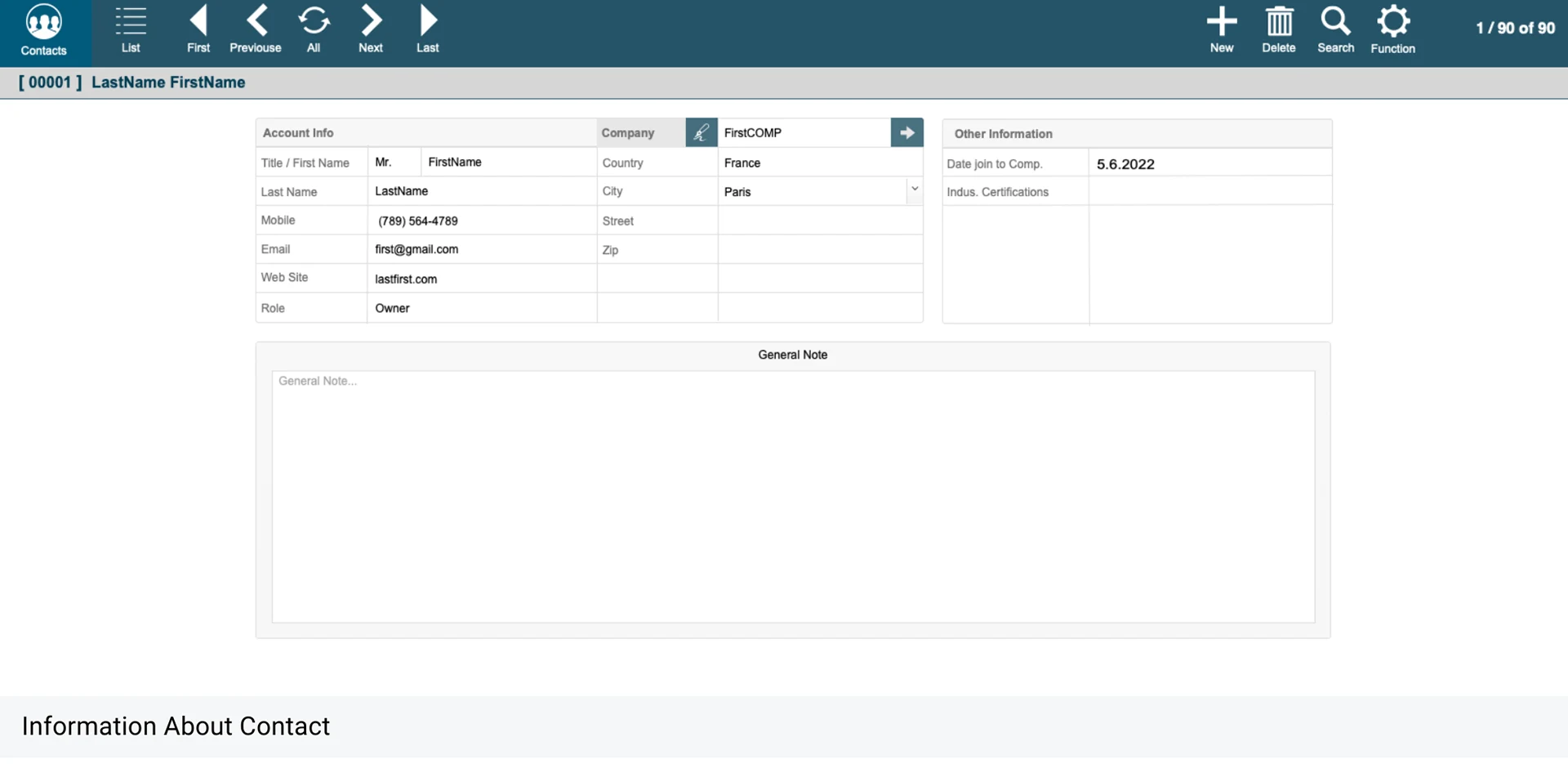 Contact record with account information, company, other information and a general note field, filled with placeholder values