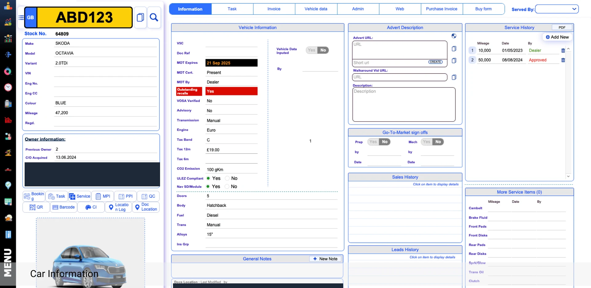 Car information screen with a vehicle summary on the left and tabs for vehicle information, advert description, service history, sales history and leads history; owner details are redacted